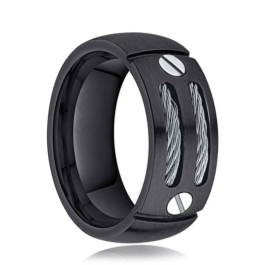 8mm Men's Silver/Black Cable Inlay Titanium Ring Wedding Band Screw Design
