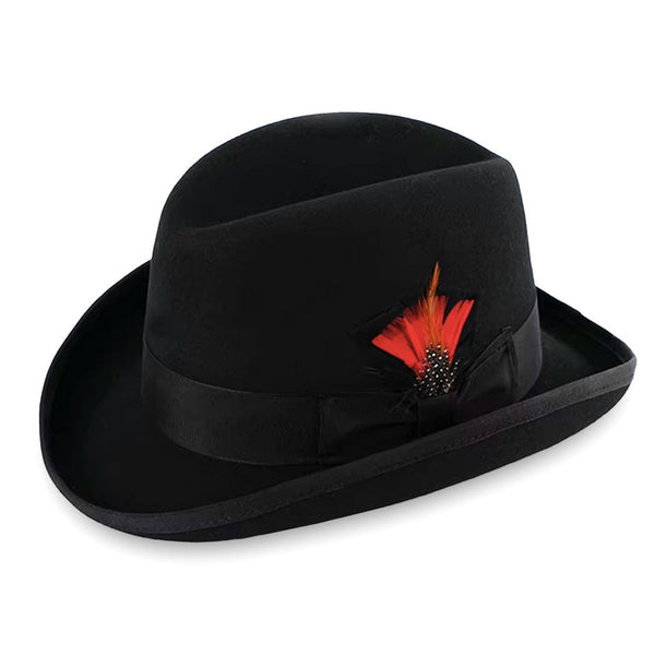 Black Wool Fedora Trilby Hat with Pure Cotton Feather in Hatband