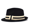 Flanged Manhattan Structured Wool Trilby Hat with Black and White Striped Hatband