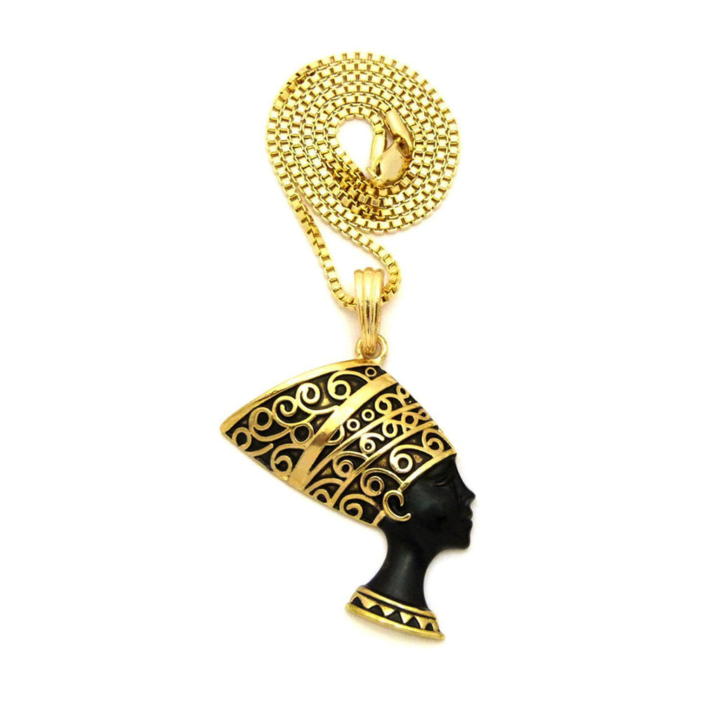 Egypt Queen Nefertiti Cleopatra Pendant Chain Necklace Set in Gold Black Tone-Necklaces-Innovato Design-Black-18in-Innovato Design