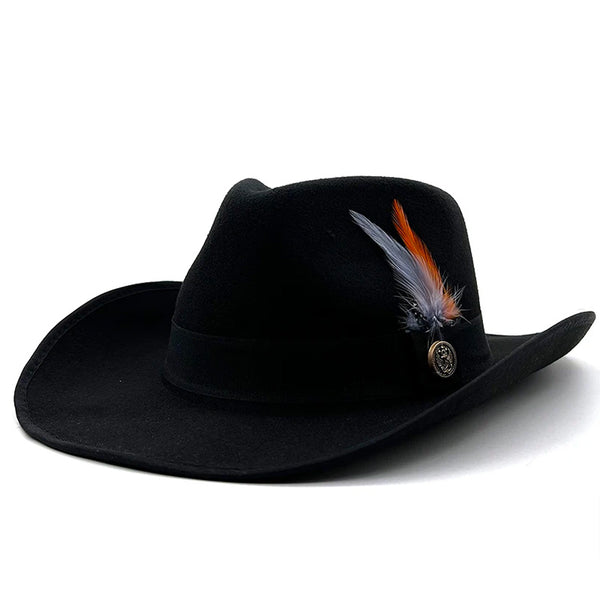Wide Brim Wool Felt Fedora Hat with Colorful Feathers and Black Hatband