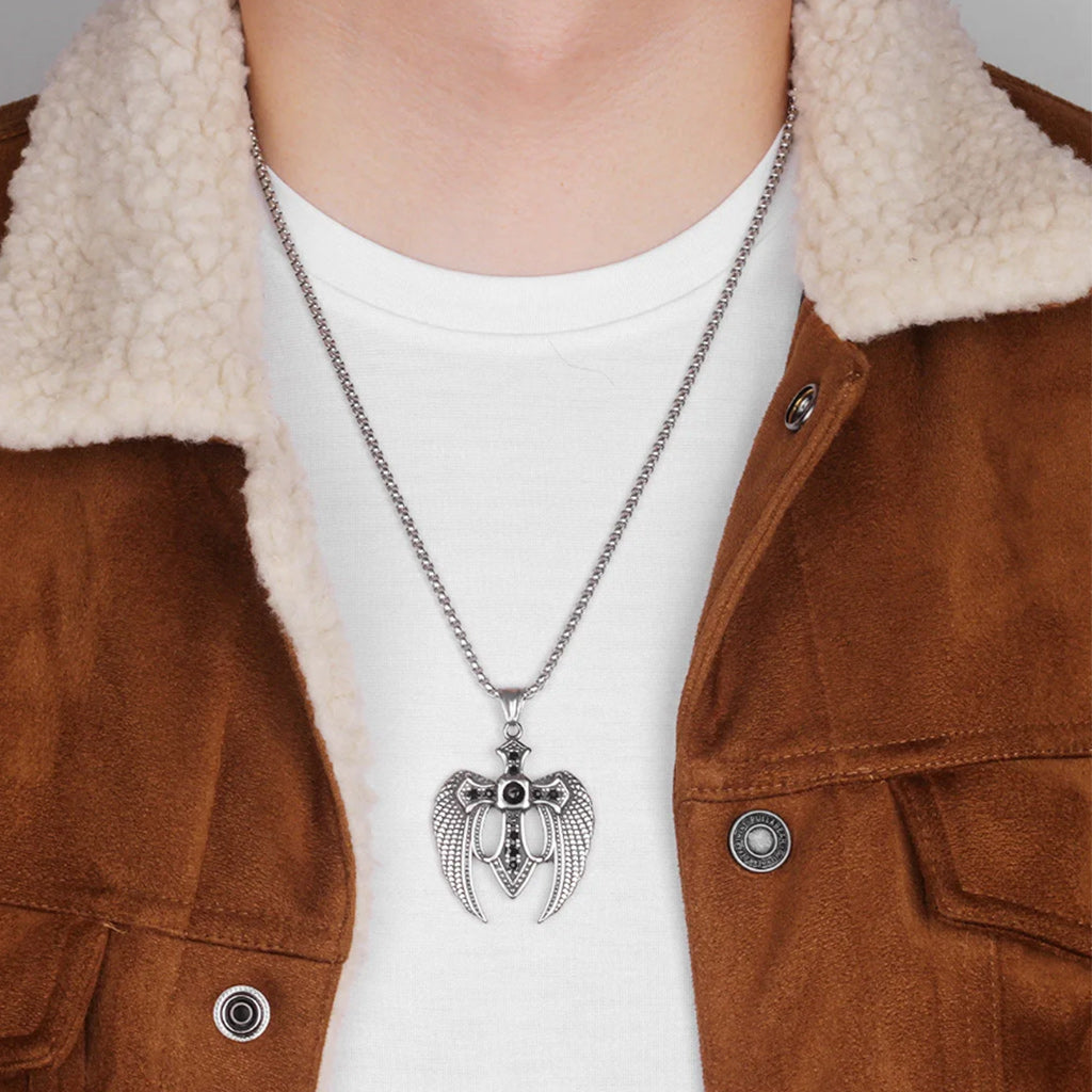 Men's Stainless Steel Pendant Necklace CZ Silver Tone Black Cross Angel Wing
