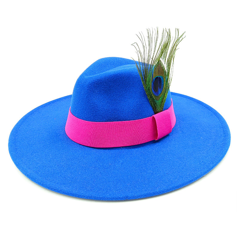 Wide Brim Wool Felt Fedora Hat with Peacock Feather-Hats-Innovato Design-Blue-Innovato Design