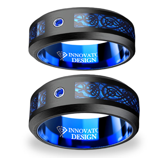 His & Her 6mm/8mm Black Tungsten Dragon Blue Inlay with Cubic Zirconia Wedding Bands-Ring-Innovato Design-6-7-Innovato Design