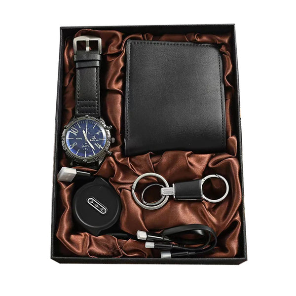 Men Quartz Watch, Black Leather Wallet, USB Cable, and Keychain Gift Box Set-Jewelry Sets-Innovato Design-Innovato Design