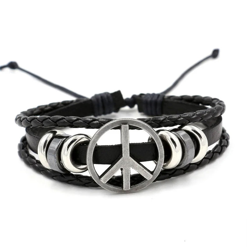 Men Women Genuine Leather Bracelet Peace Symbol Braided Cuff Bangle-Bracelets-Innovato Design-Innovato Design