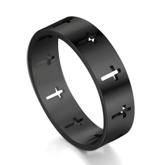 6mm Stainless Steel Hollow Cross Black Ring Wedding Engagement Band