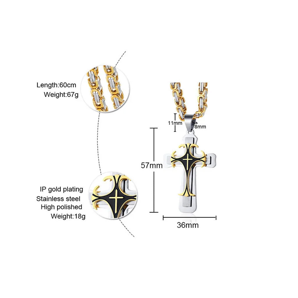 Three Tone Cross Pendant with Punk Byzantine Necklace