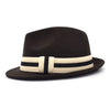 Flanged Manhattan Structured Wool Trilby Hat with Black and White Striped Hatband