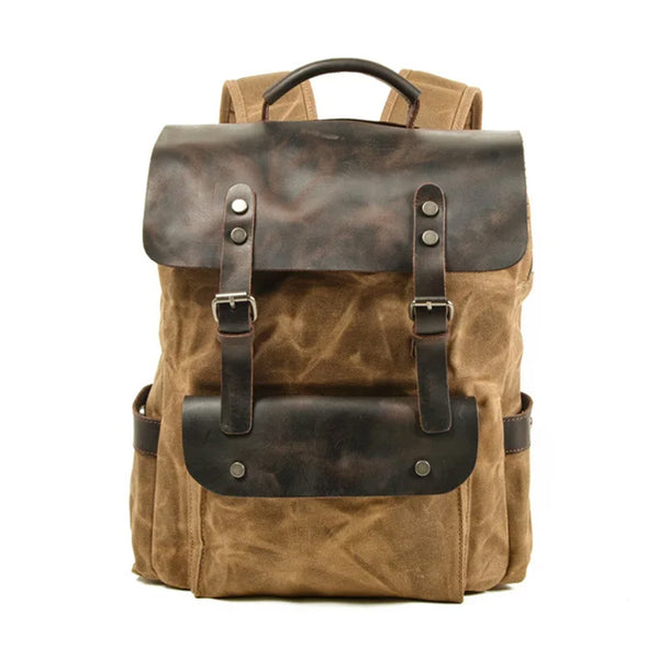 3 Colors Waxed Genuine Leather Backpack Large Capacity-Canvas and Leather Backpack-Innovato Design-Khaki-Innovato Design