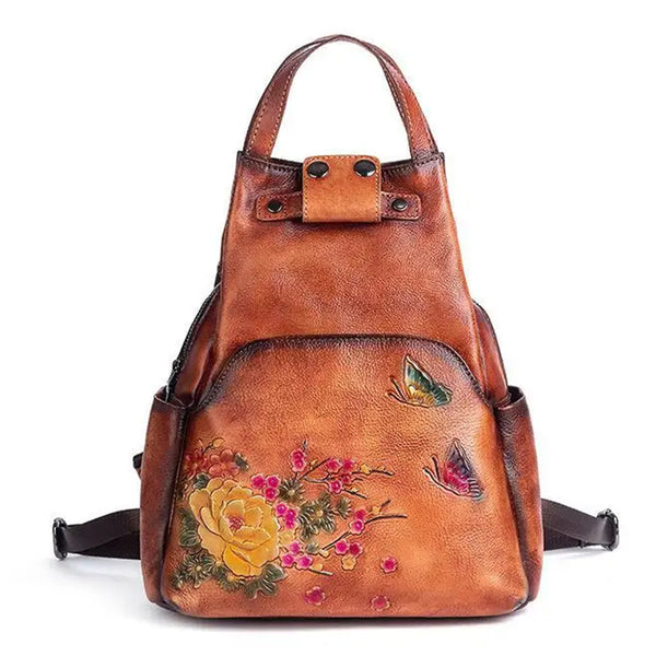 Luxury Floral Genuine Leather Backpack with Large Capacity
