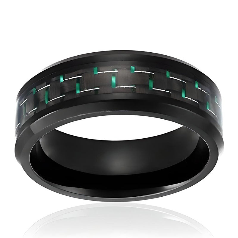 8MM Men's Titanium Ring Wedding Band Black Plated with Black and Green Carbon Fiber Inlay Beveled Edges-Rings-Innovato Design-7-Innovato Design