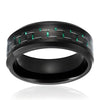8MM Men's Titanium Ring Wedding Band Black Plated with Black and Green Carbon Fiber Inlay Beveled Edges