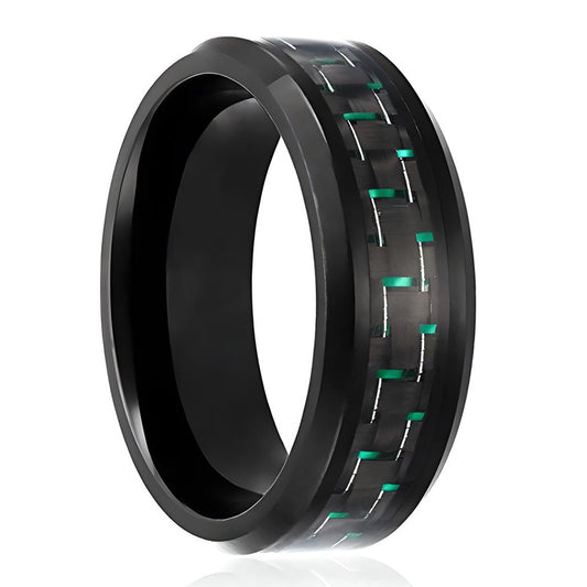 8MM Men's Titanium Ring Wedding Band Black Plated with Black and Green Carbon Fiber Inlay Beveled Edges-Rings-Innovato Design-7-Innovato Design