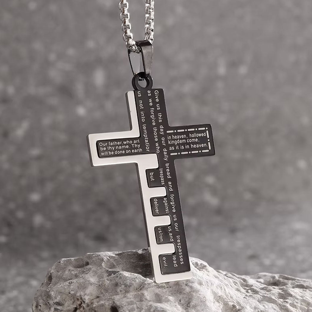 Men's Stainless Steel Pendant Necklace Cross Bible Lords Prayer