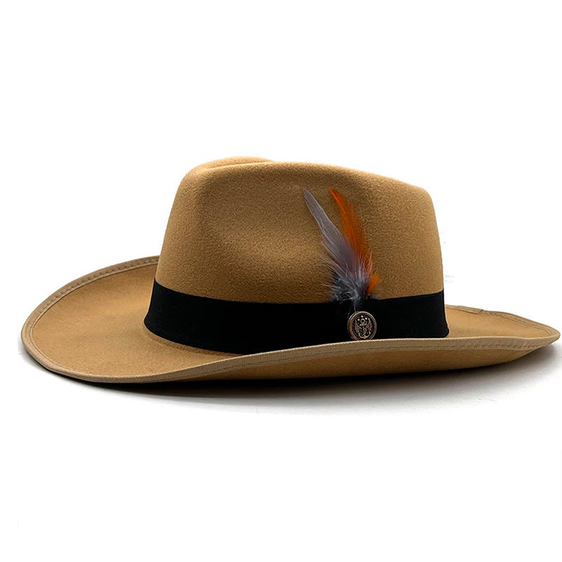 Wide Brim Wool Felt Fedora Hat with Colorful Feathers and Black Hatband-Hats-Innovato Design-Black-Innovato Design