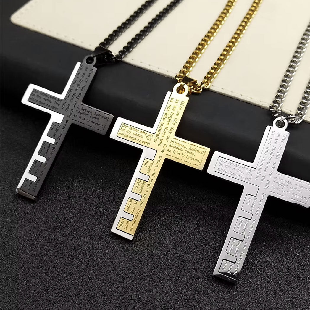 Men's Stainless Steel Pendant Necklace Cross Bible Lords Prayer