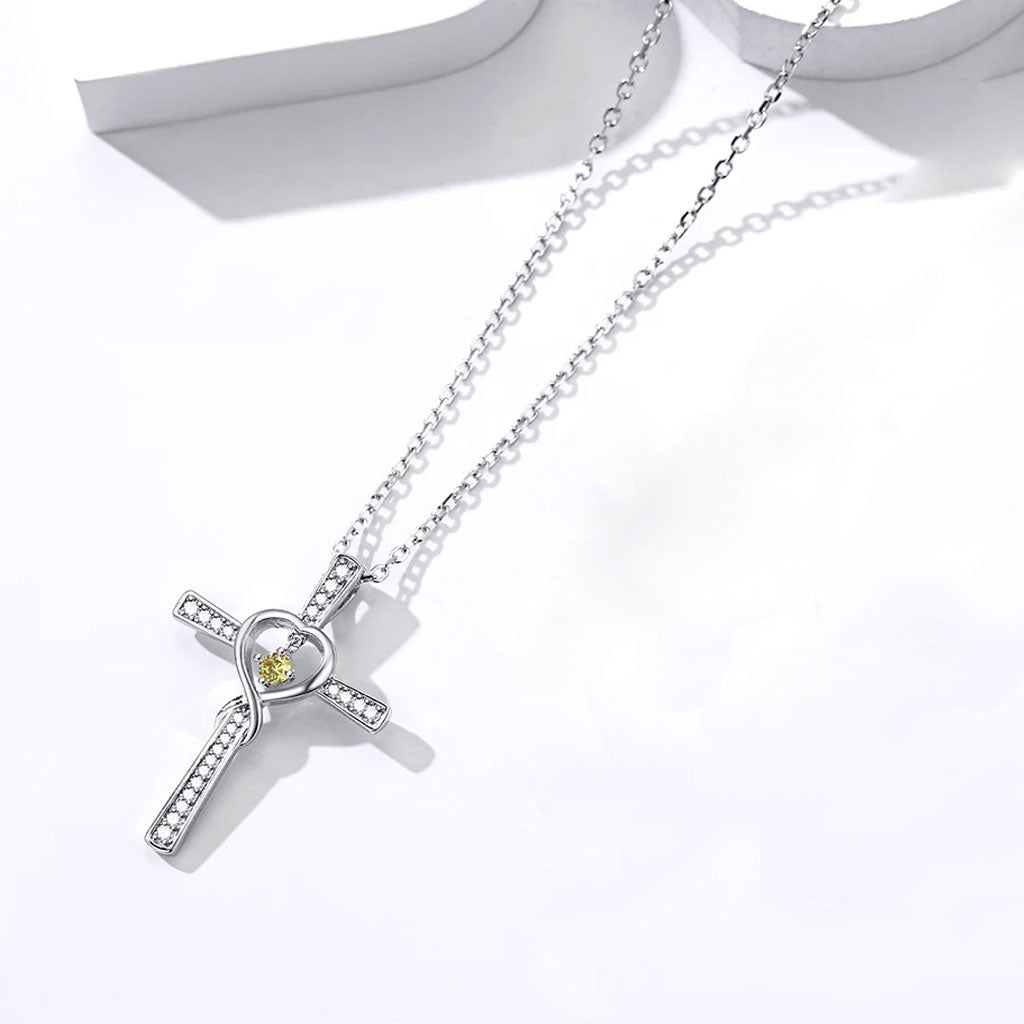 925 Sterling Silver Peridot Heart Crystal on Silver Cross Pendant and Chain Necklace
