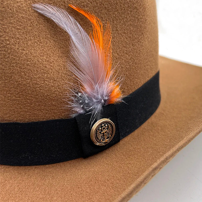 Wide Brim Wool Felt Fedora Hat with Colorful Feathers and Black Hatband-Hats-Innovato Design-Black-Innovato Design