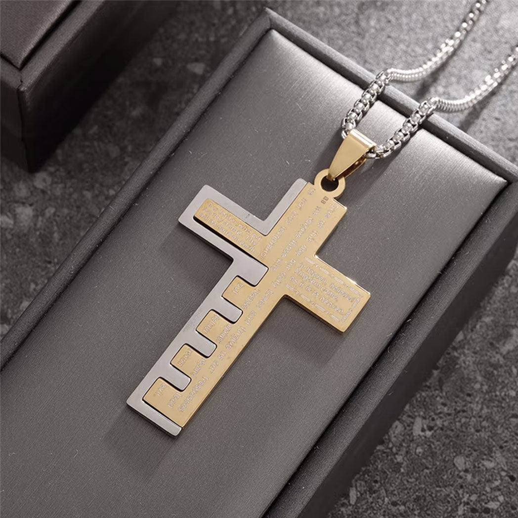 Men's Stainless Steel Pendant Necklace Cross Bible Lords Prayer