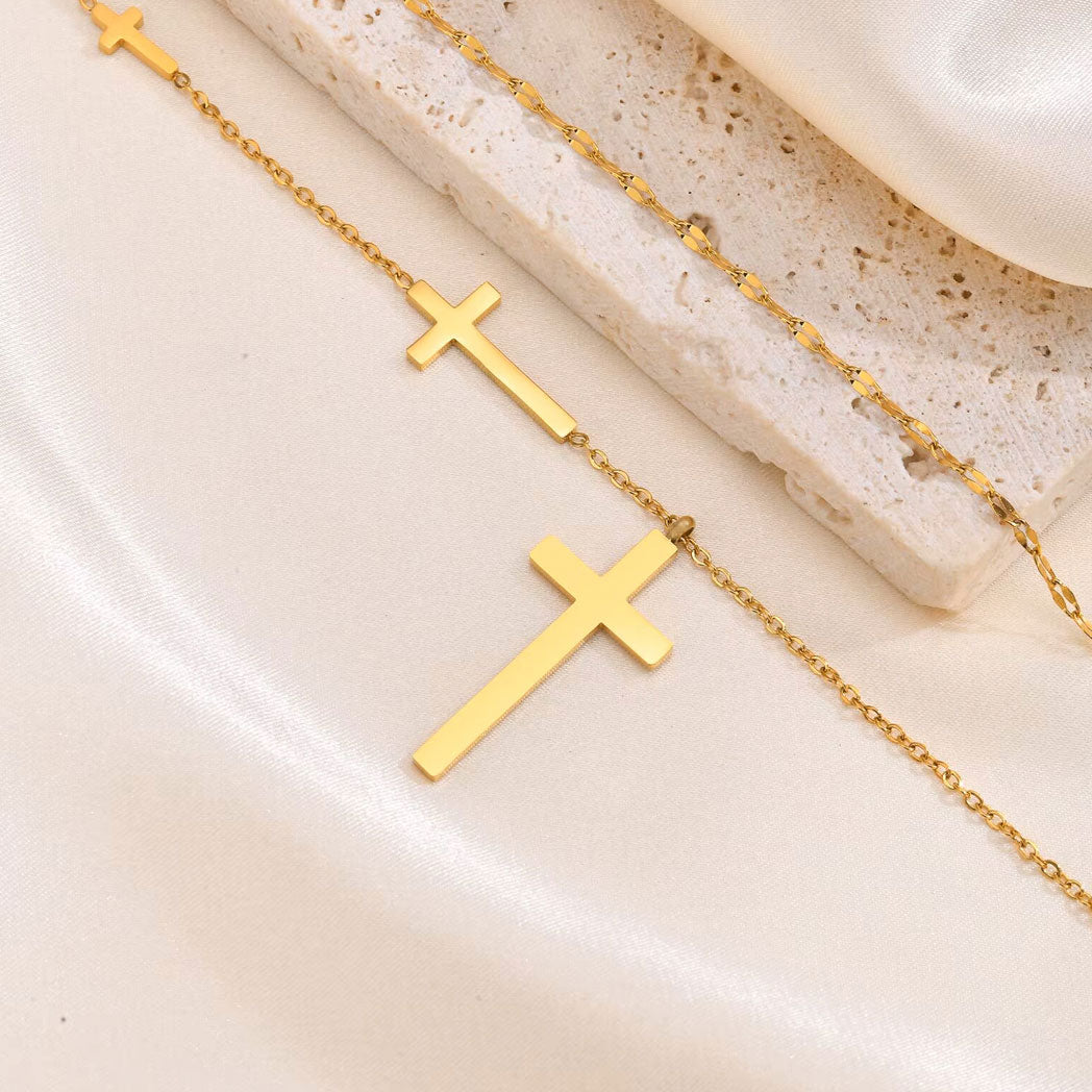 Gold & Silver Multi Layered Crosses Pendants Necklace