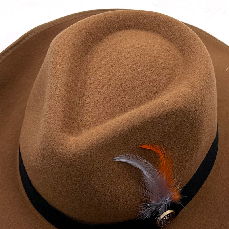 Wide Brim Wool Felt Fedora Hat with Colorful Feathers and Black Hatband-Hats-Innovato Design-Black-Innovato Design