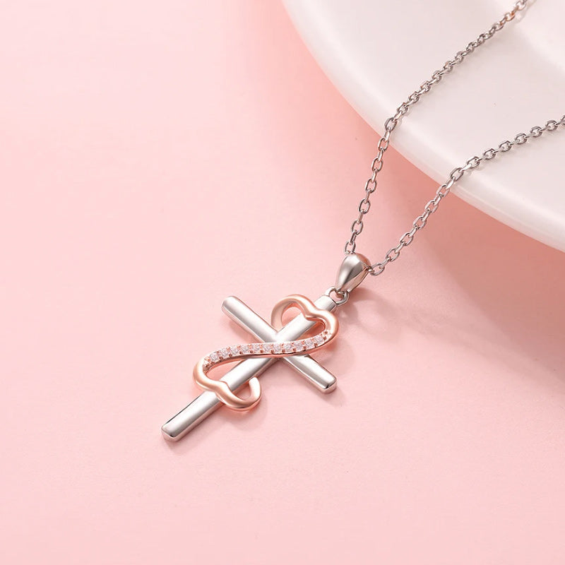 Interlocked Silver Cross and Rose Gold Infinity Symbol Pendant Necklace-Necklaces-Innovato Design-Innovato Design