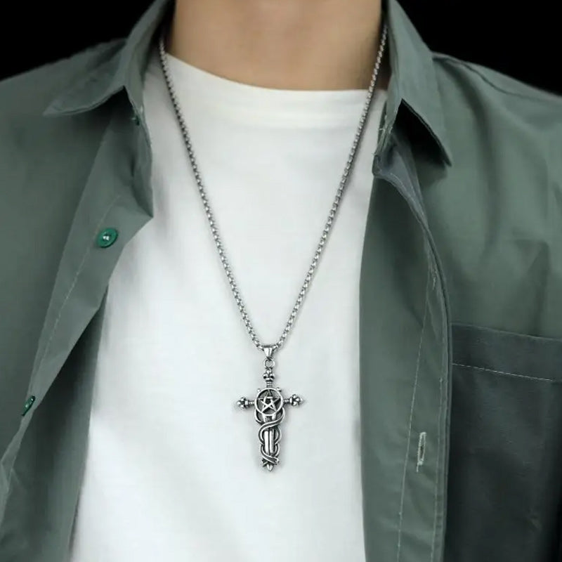 Stainless Steel Men Pendant Necklace Vintage Cross Pentagram-Necklaces-Innovato Design-Innovato Design