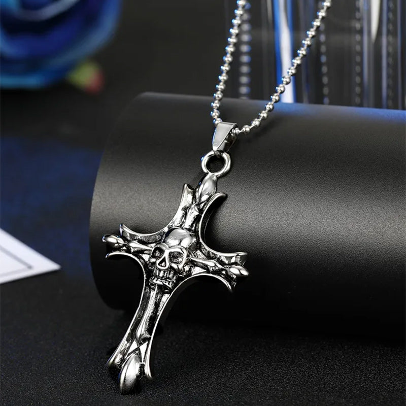 Jewelry Men Gothic Biker Skull Motorcycle Stainless Steel Pendant Necklace, Cross-Necklaces-Innovato Design-Innovato Design