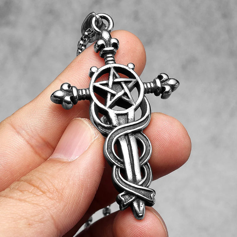 Stainless Steel Men Pendant Necklace Vintage Cross Pentagram-Necklaces-Innovato Design-Innovato Design