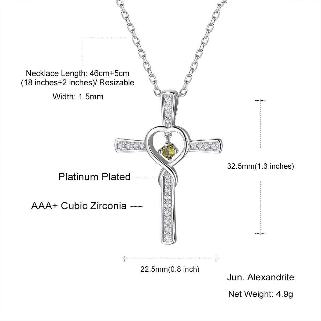 925 Sterling Silver Peridot Heart Crystal on Silver Cross Pendant and Chain Necklace