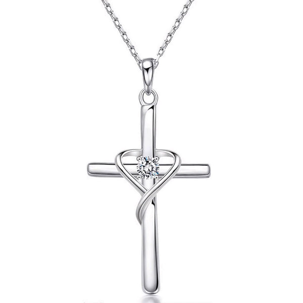 925 Sterling Silver Hollow Heart Cross Pendant Necklace