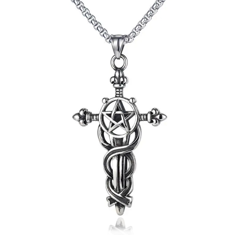 Stainless Steel Men Pendant Necklace Vintage Cross Pentagram-Necklaces-Innovato Design-Innovato Design