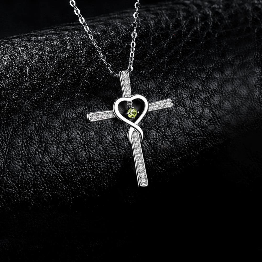 925 Sterling Silver Peridot Heart Crystal on Silver Cross Pendant and Chain Necklace