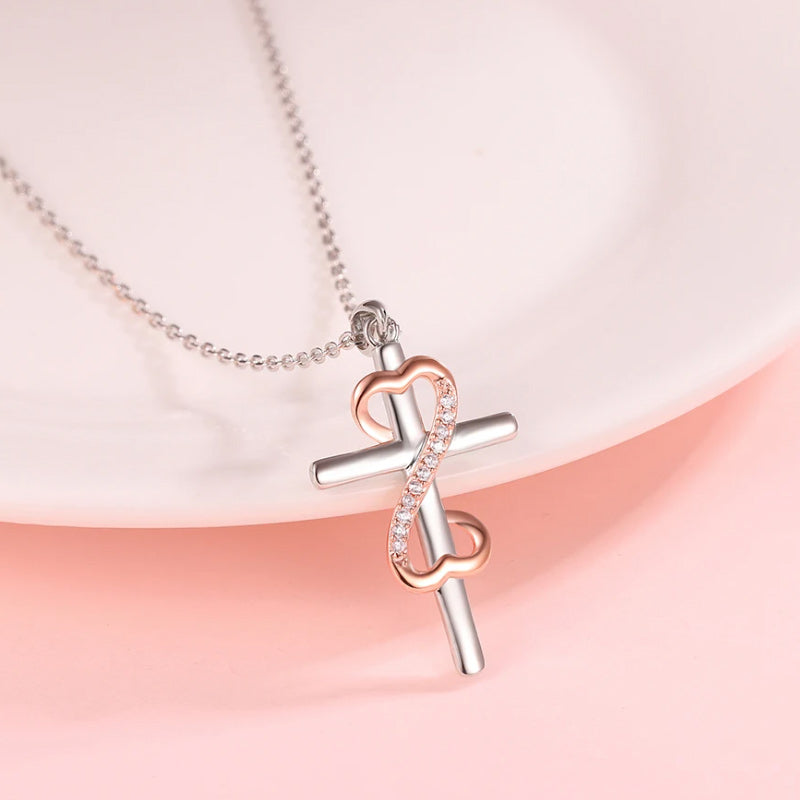 Interlocked Silver Cross and Rose Gold Infinity Symbol Pendant Necklace-Necklaces-Innovato Design-Innovato Design