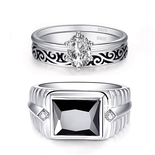 925 Sterling Silver Ring Onyx Men Flower Engrave Women Wedding Rings Set