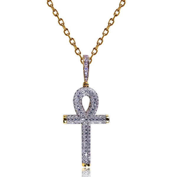 Golden Ankh Cross Pendant with Cubic Zirconia Crystal Necklace