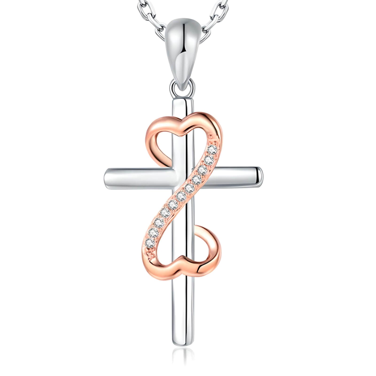 Interlocked Silver Cross and Rose Gold Infinity Symbol Pendant Necklace-Necklaces-Innovato Design-Innovato Design