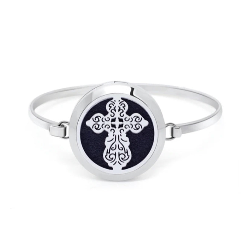 Essential Oil Diffuser Bracelet Women Men Openable 30mm Round Locket Bangle Stainless Steel-Bracelets-Innovato Design-Cross-Innovato Design