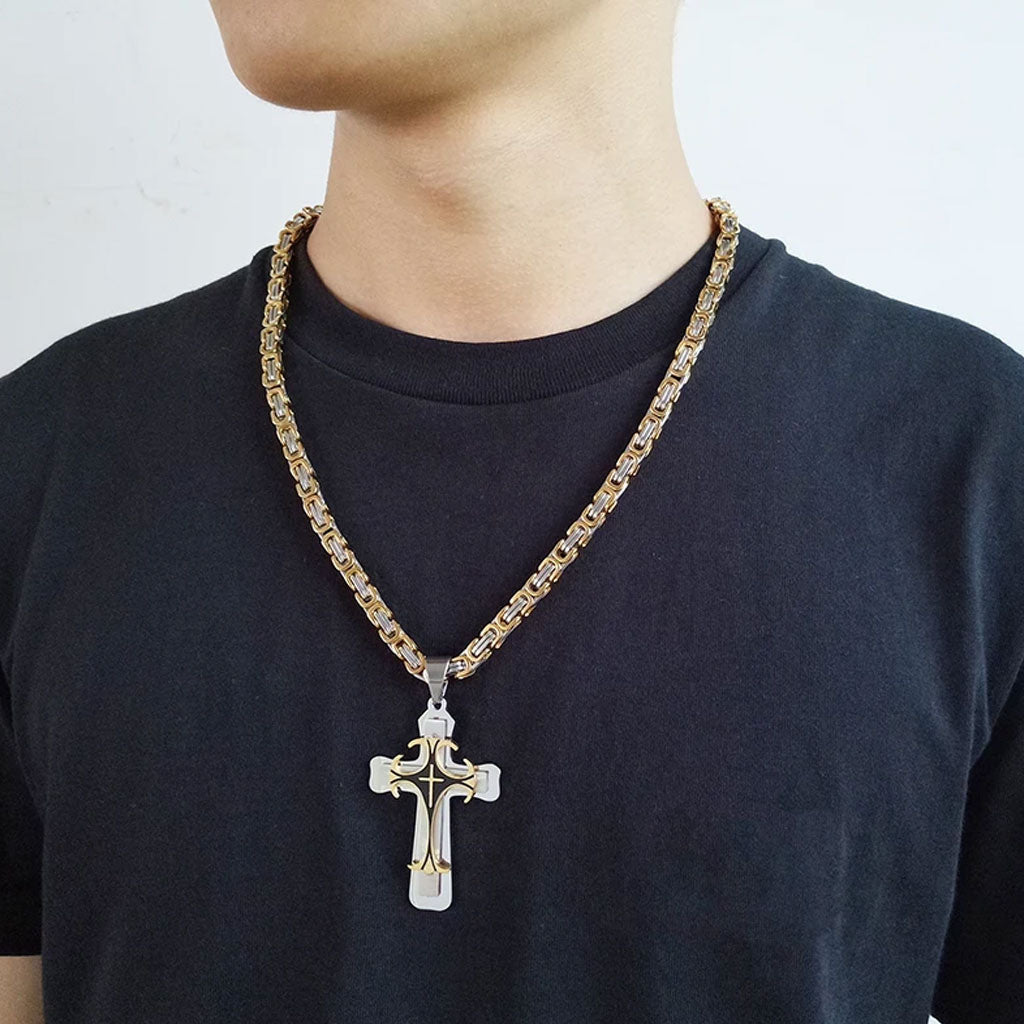 Three Tone Cross Pendant with Punk Byzantine Necklace