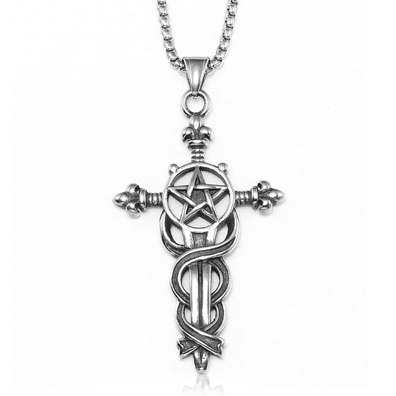Stainless Steel Men Pendant Necklace Vintage Cross Pentagram-Necklaces-Innovato Design-Innovato Design