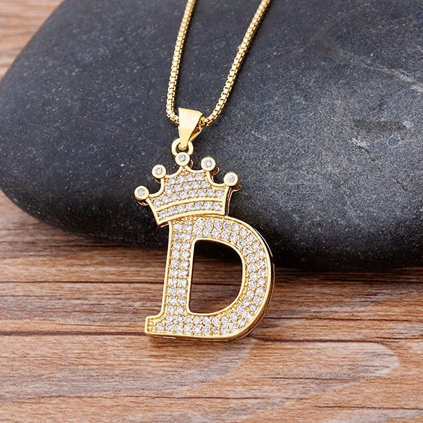 King Crown Alphabet Initial Letter Pendant 24 Various Chain Necklace in Gold-Necklaces-Innovato Design-D-Innovato Design