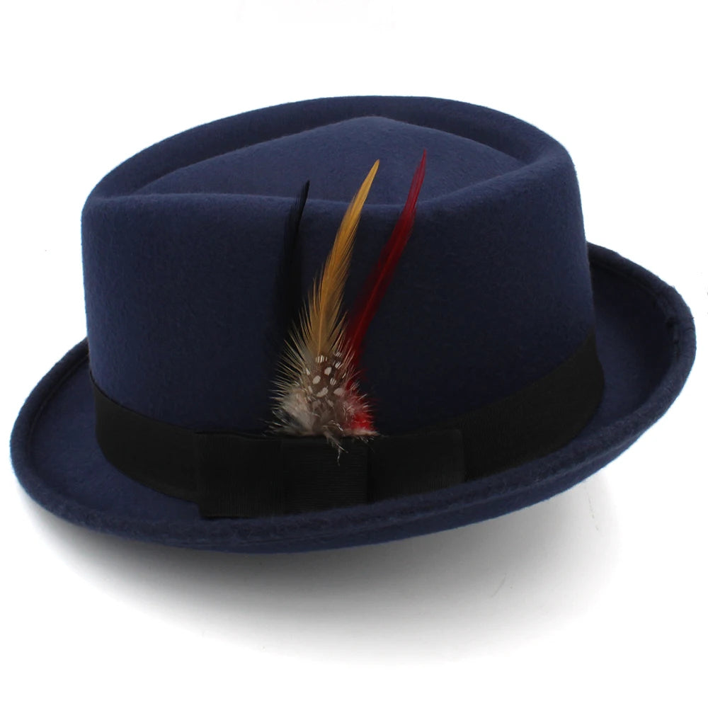 Trilby Fedora Hat with Multicolored Feather on Black Hatband-Hats-Innovato Design-Blue-Innovato Design