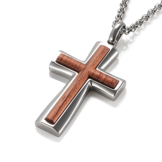 Wood Inlay Christian Classic Cross Pendant Necklace