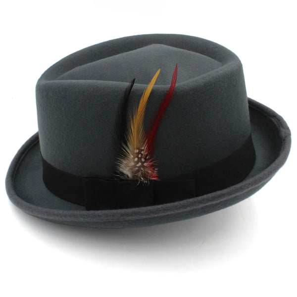 Trilby Fedora Hat with Multicolored Feather on Black Hatband