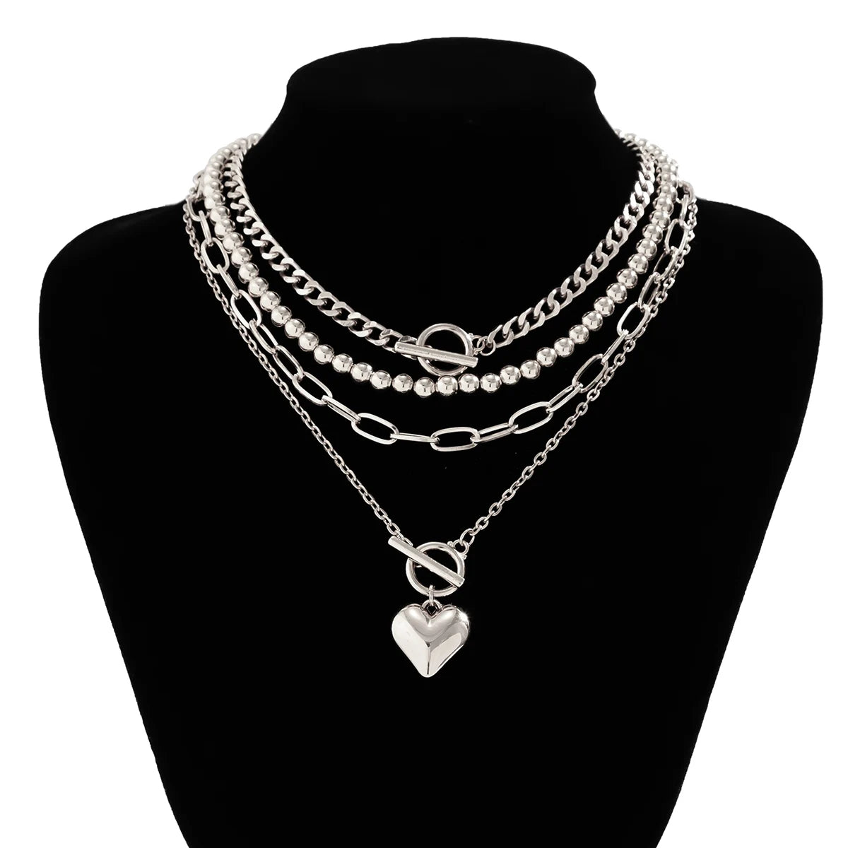 Multilayer Necklace Collar Heart Choker Ball Chain Set-Necklaces-Innovato Design-Silver-Innovato Design