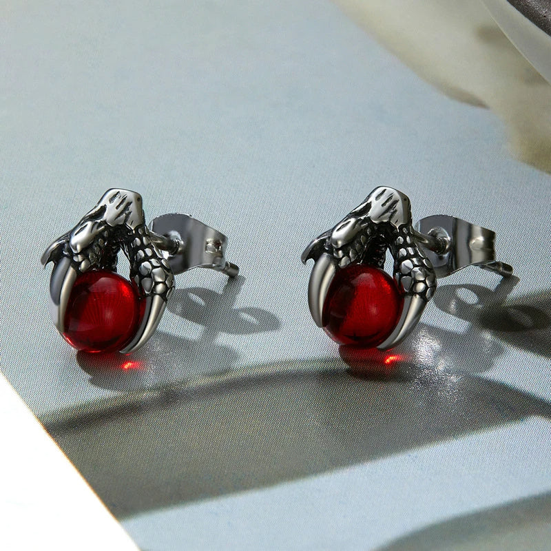 Stainless Steel Stud Earrings CZ Silver Tone Black Red Blue Dragon Claw-Earrings-Innovato Design-Red-Innovato Design