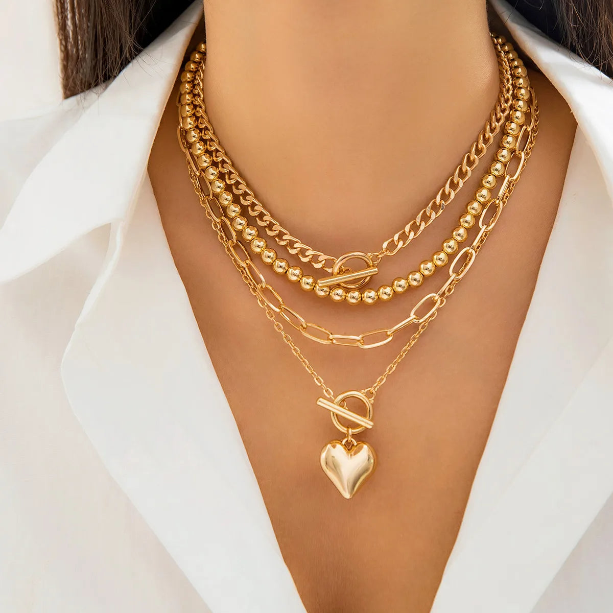 Multilayer Necklace Collar Heart Choker Ball Chain Set-Necklaces-Innovato Design-Gold-Innovato Design