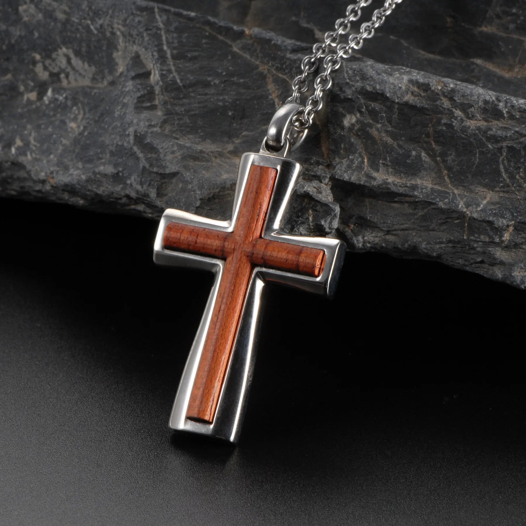 Wood Inlay Christian Classic Cross Pendant Necklace-Necklaces-Innovato Design-Innovato Design