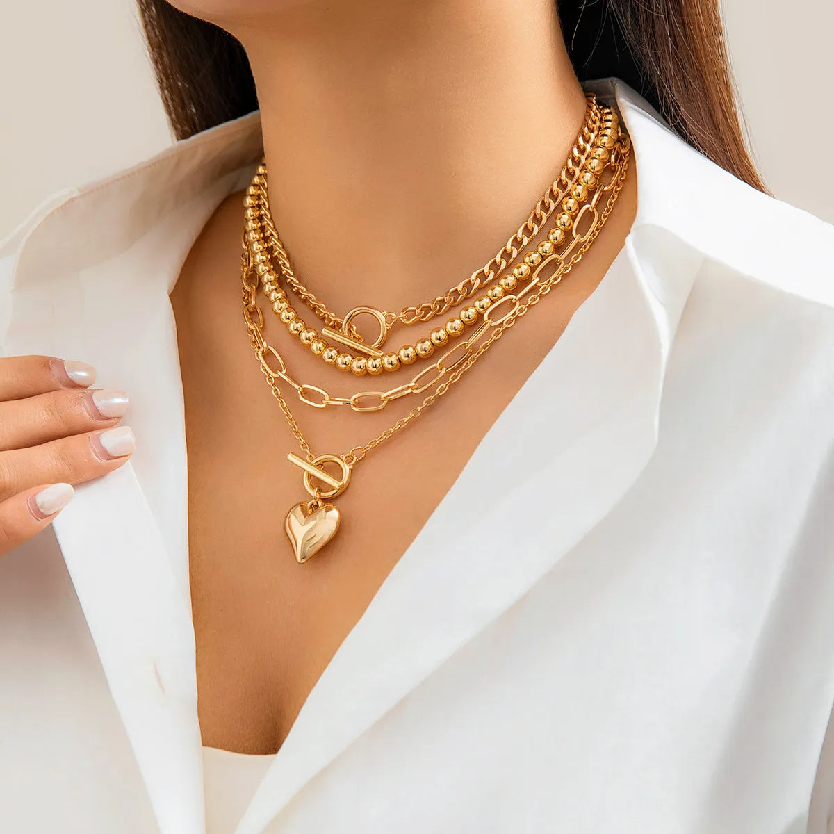 Multilayer Necklace Collar Heart Choker Ball Chain Set-Necklaces-Innovato Design-Gold-Innovato Design